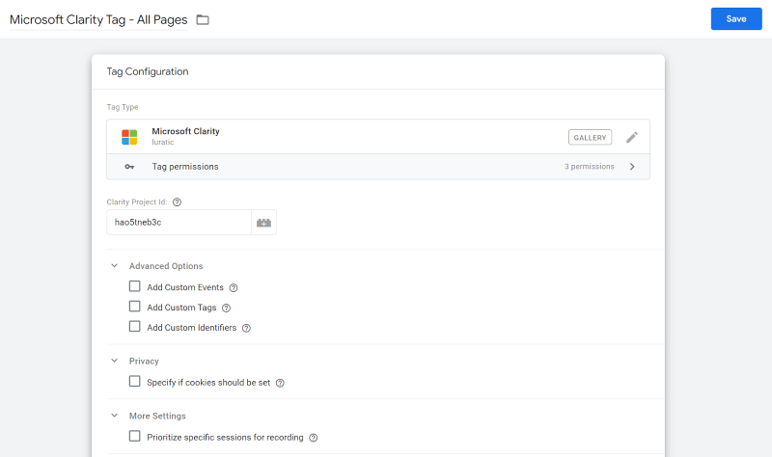 insert clarity project id in google tag manager