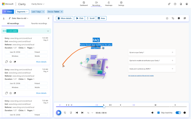 microsoft clarity session recordings