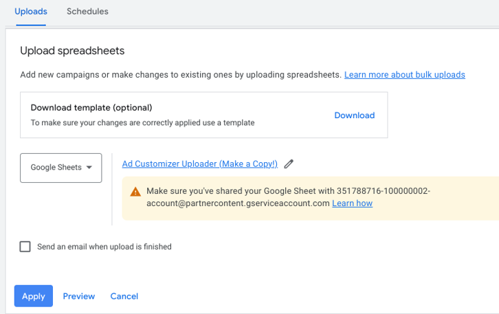 upload spreadsheets in google ads