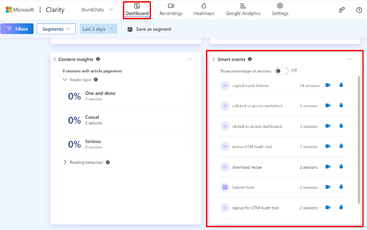 finding microsoft clarity smart events
