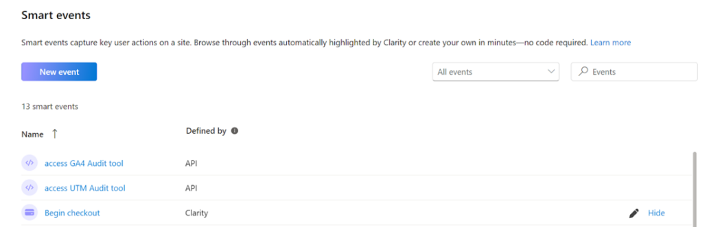 list of microsoft clarity smart events 1